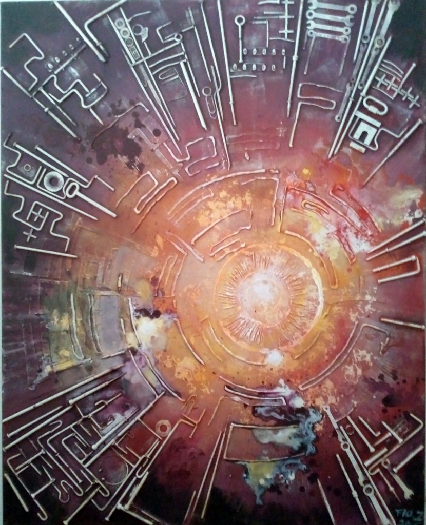 Mandala-Création de l'univers_Tech. mixtes, collage, acrylique, outils... 120x80 - / CHF 1200.-